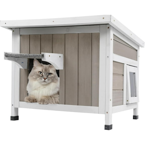 PETSCOSSET Outdoor Cat House, Weatherproof Solid Wood Cat Shelter with Openable Roof for Small Animals