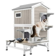 PETSCOSSET Outdoor Cat House Wooden Feral Cat Shelter with Balcony