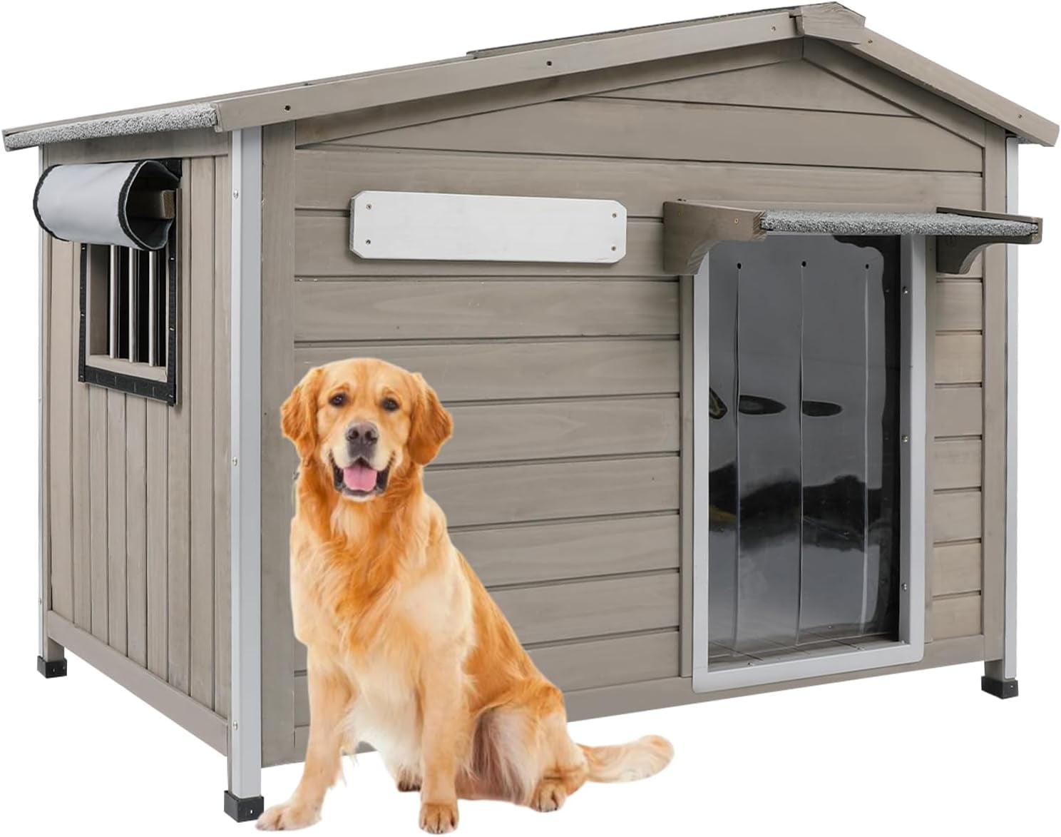 Walmart discount codes: PETSCOSSET Outdoor Dog House, Weatherproof Wooden Dog Kennel with Raised Feet for Medium Dog, Gray