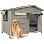 PETSCOSSET 40"L Outdoor Dog House, Wooden Dog Kennel with Asphalt Roof for Medium Dog, Gray