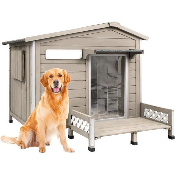 PETSCOSSET Wooden Dog House with Porch, All-Weather Pet House with Openable Asphalt Roof, Gray