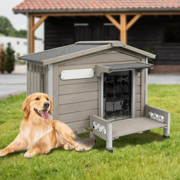 PETSCOSSET Outdoor Dog House, Wooden Dog Kennel with Porch & Window for Medium Dog