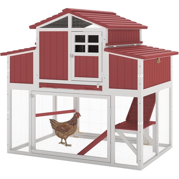 PETSCOSSET Outdoor Large Chicken Coop with Run, Expandable Hen House with 4 Nesting Boxes, Removable Tray and Ramp, Red