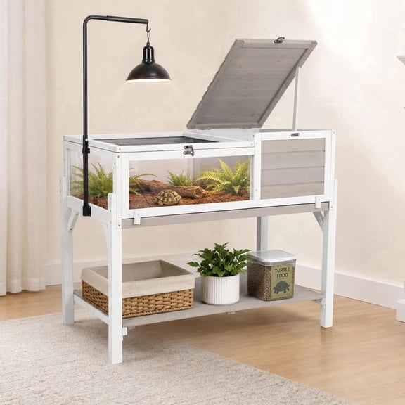 PETSCOSSET Outdoor Large Tortoise Habitat with Adjustable Lamp Stand&Storage Shelf, Indoor Wooden Turtle Enclosure House with Pull-Out Tray