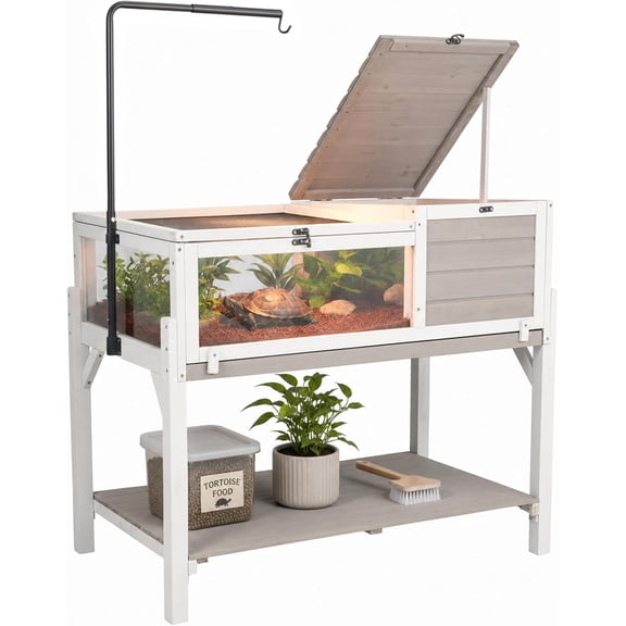 PETSCOSSET Outdoor Large Tortoise Habitat with Adjustable Lamp Stand&Storage Shelf, Indoor Wooden Turtle Enclosure House with Pull-Out Tray
