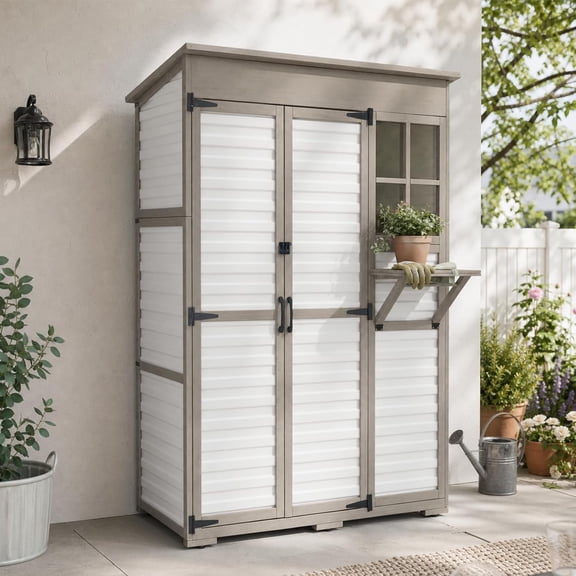 PETSCOSSET Outdoor Storage Cabinet with Waterproof PVC Panels, 70.9" Tall Garden Tool Shed with Adjustable Shelves, Foldable Work Table, Hooks and Lockable Doors for Patio, Backyard and Garage