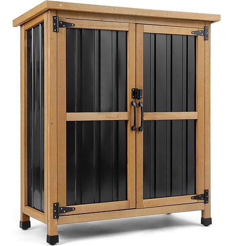 PETSCOSSET Small Outdoor Wooden Storage Cabinet with Lockable Doors & Metal Panels