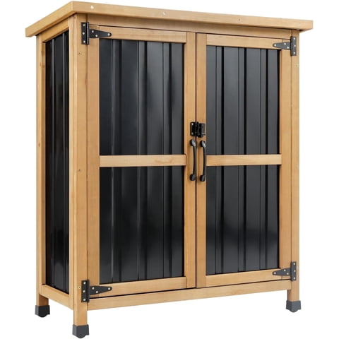 Outdoor Storage Cabinet Wood Storage Shed Waterproof Roof, Double Lockable Doors Garden Shed with Removable Shelves for Patio, Garden
