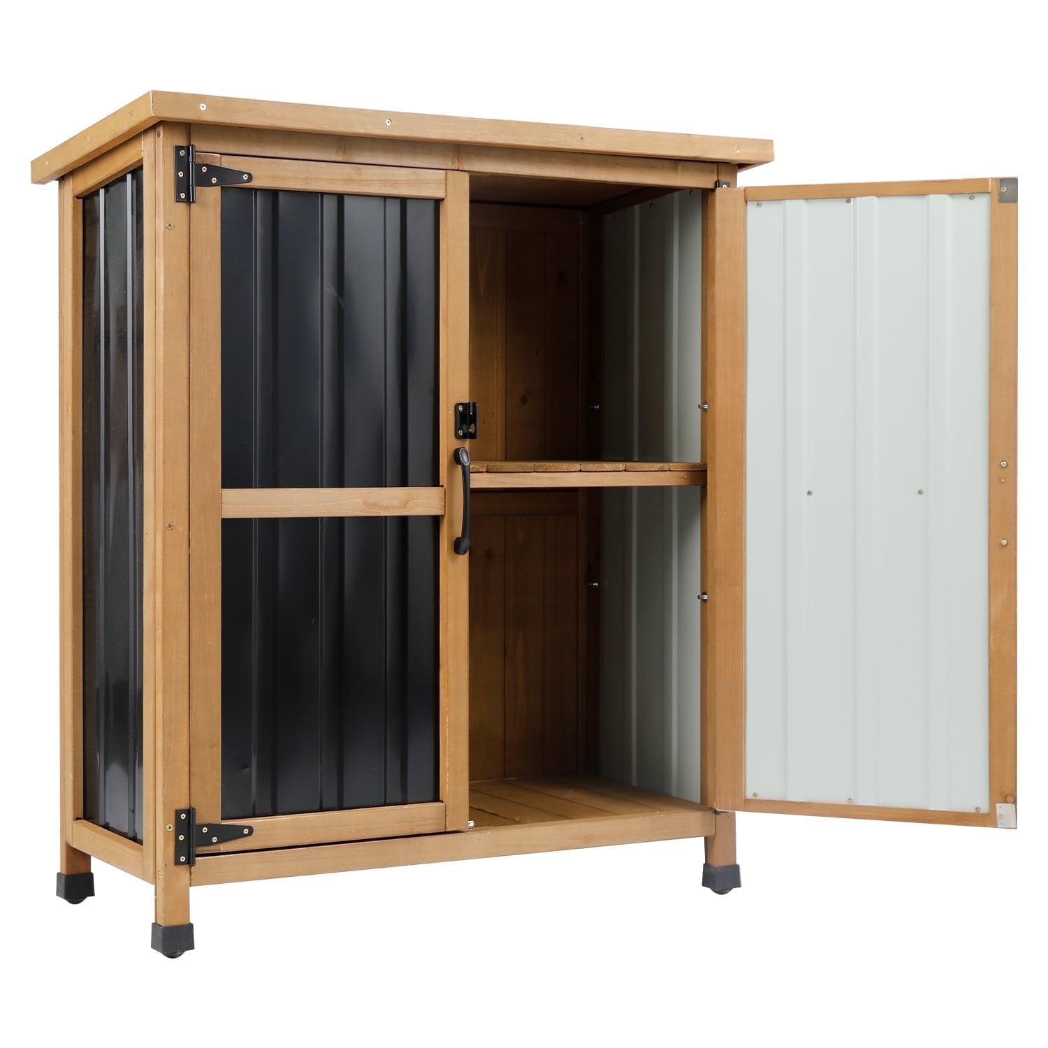 Outdoor Storage Cabinet Wood Storage Shed Waterproof Roof, Double Lockable Doors Garden Shed with Removable Shelves for Patio, Garden