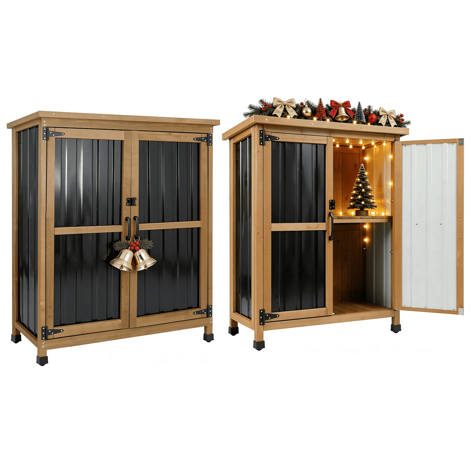 Outdoor Storage Cabinet Wood Storage Shed Waterproof Roof, Double Lockable Doors Garden Shed with Removable Shelves for Patio, Garden