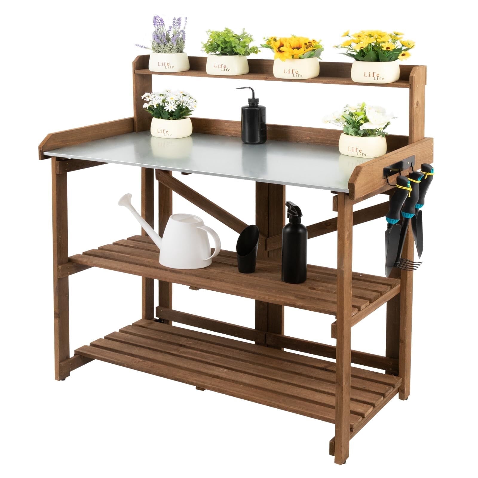 PETSCOSSET Outdoor Wooden Folding Potting Bench Table with Galvanized ...
