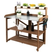 Potting Bench with Galvanized Top, Foldable Outdoor Wood Potting Table, 2 Bottom Shelves, Brown