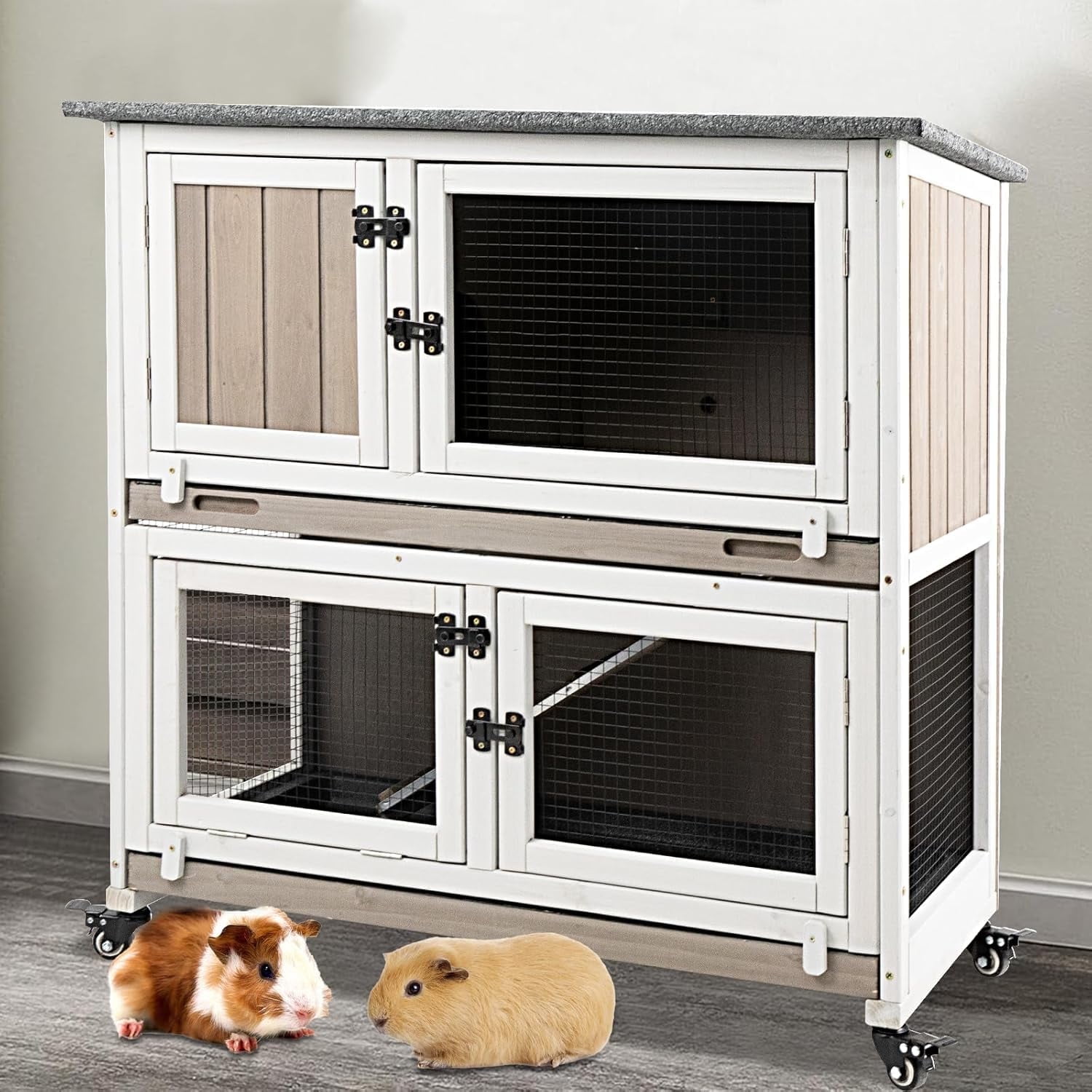 PETSCOSSET Rabbit Hutch 2 Layer Rabbit Cage Indoor with Wheels, 2 Deeper Pull-Out Trays, Ramp Guinea Pig Cage