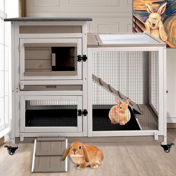PETSCOSSET 40" Rabbit Hutch Indoor, 2 Story Outdoor Wooden Bunny Hutch with Run, Pet House for Small Animals
