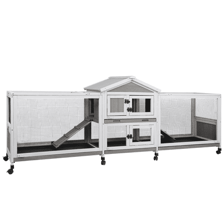 PETSCOSSET 2-Story Wooden Rabbit Hutch with Dual Runs and 8 Wheels, Gray
