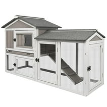 PETSCOSSET Rabbit Hutch Indoor Outdoor 55.1" L Bunny Hutch with Pull Out Tray,2 Story Wooden Rabbit Cage with Asphalt Roof,Guinea Pig Cage with Ventilation Doors,Ramp for Small Animals,Gray