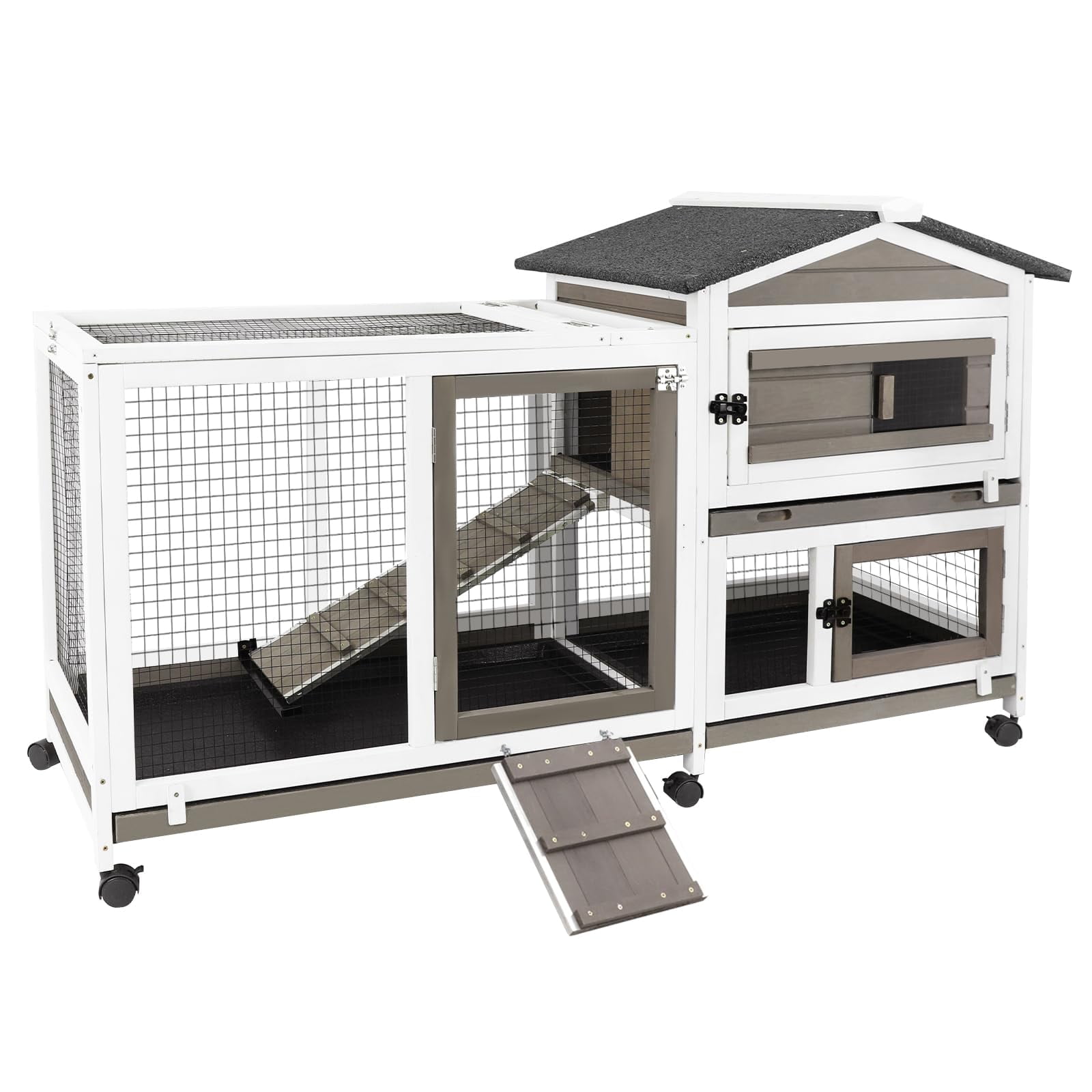 PETSCOSSET Indoor Rabbit Hutch with Outdoor Runs, Bunny House on Wheels, Guinea Pig Cage for Small Animals