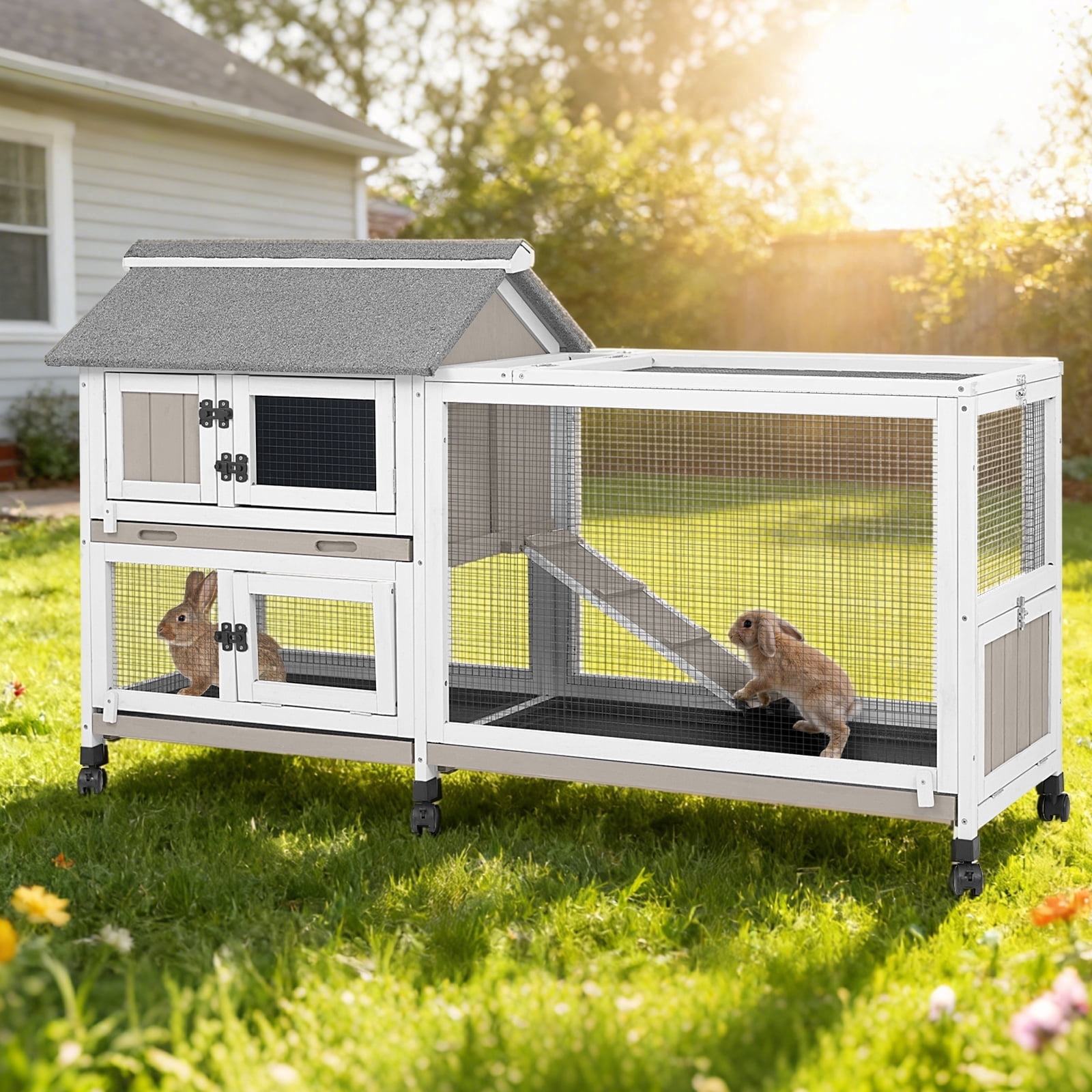 59" Large Rabbit Hutch Outdoor Wooden Bunny Cage with 3 Deep Trays, 5 Access Doors & Openable Roof, Expandable Guinea Pig Cage, Waterproof