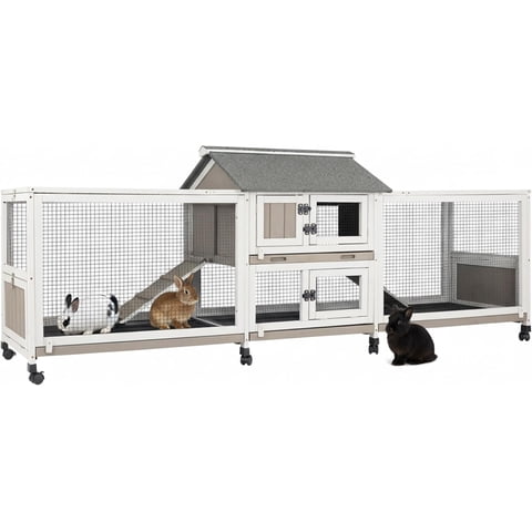 PETSCOSSET Rabbit Hutch Outdoor Wooden Bunny Cage with Double Side Runs, 4 Pull-Out Trays & 9 Access Doors, Large Guinea Pig Cage, Waterproof