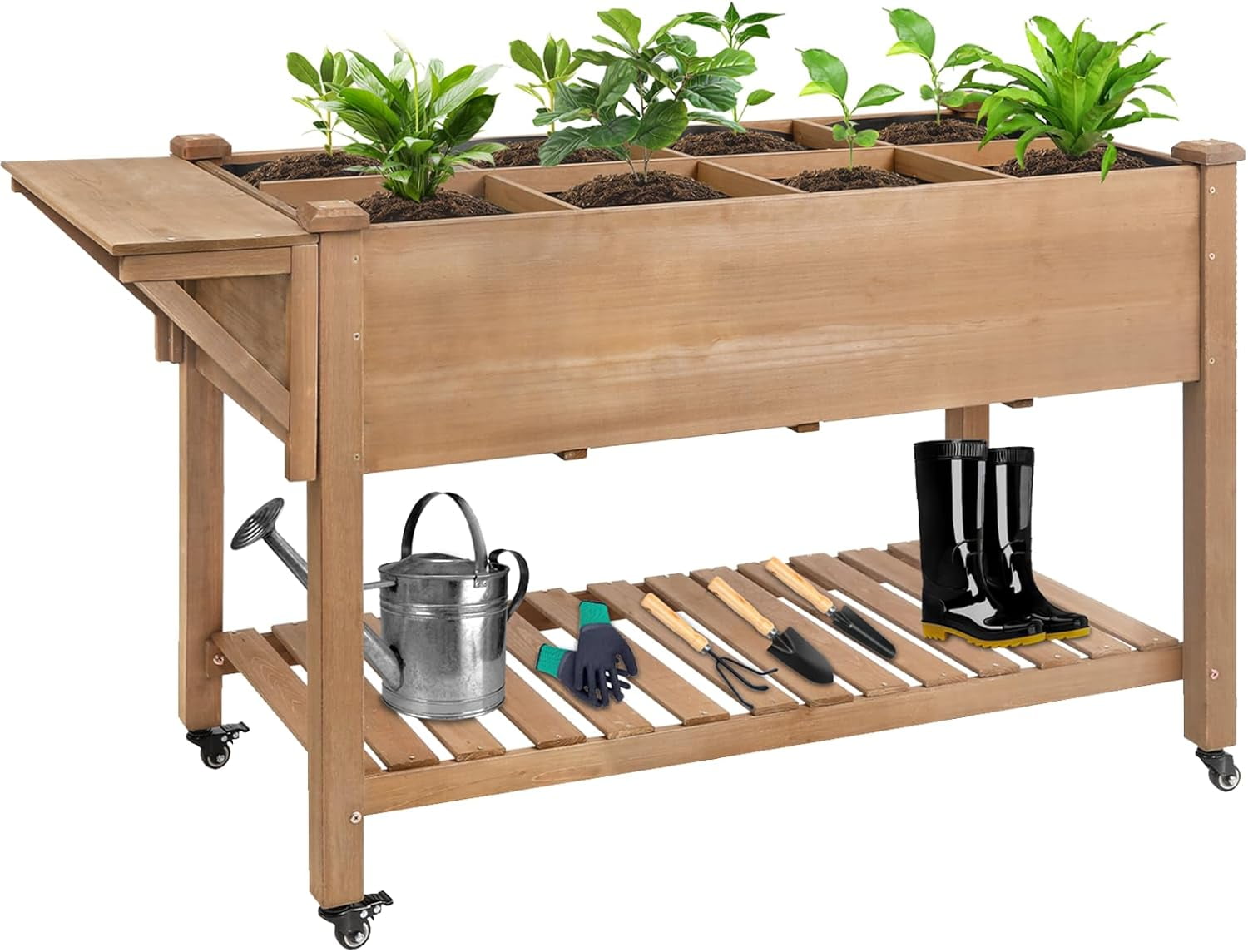 PETSCOSSET Raised Garden Bed with Wheels, Mobile Wood Elevated Planter Box with Storage Shelf, Liner, Easy Assembly, Brown, 55.5x24x32in