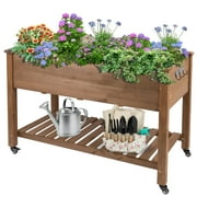 PETSCOSSET Raised Garden Bed Wood Elevated Planter Box Outdoor w/ Wheels, Storage Shelf for Planting