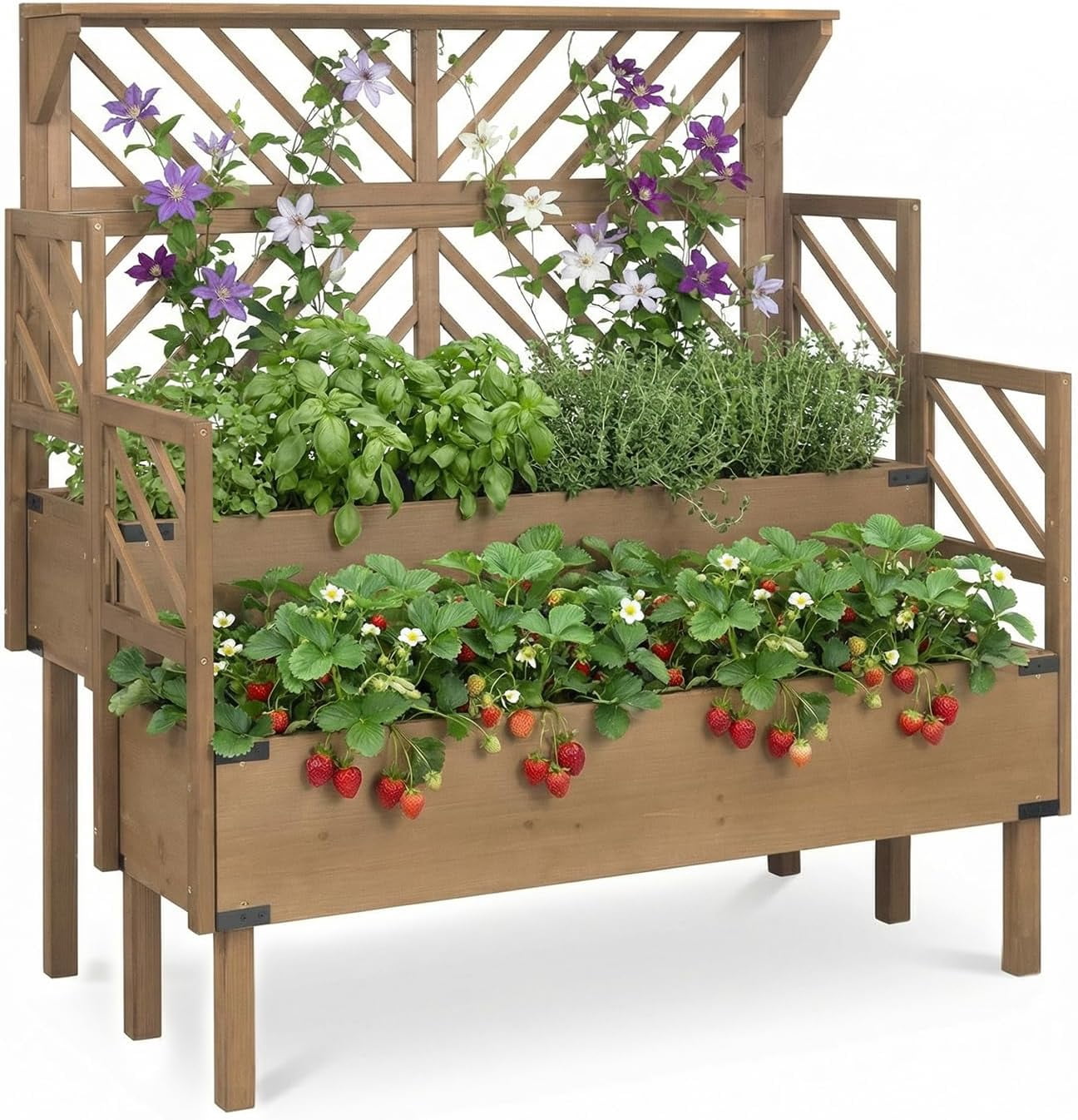 PETSCOSSET Raised Garden Bed with Trellis, 2-Tier Elevated Planter Box with Legs & Top Shelf, Wooden Garden Beds for Plants