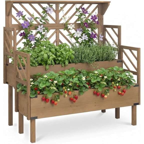 PETSCOSSET Raised Garden Bed with Trellis, 2-Tier Elevated Planter Box with Legs & Top Shelf, Wooden Garden Beds for Plants