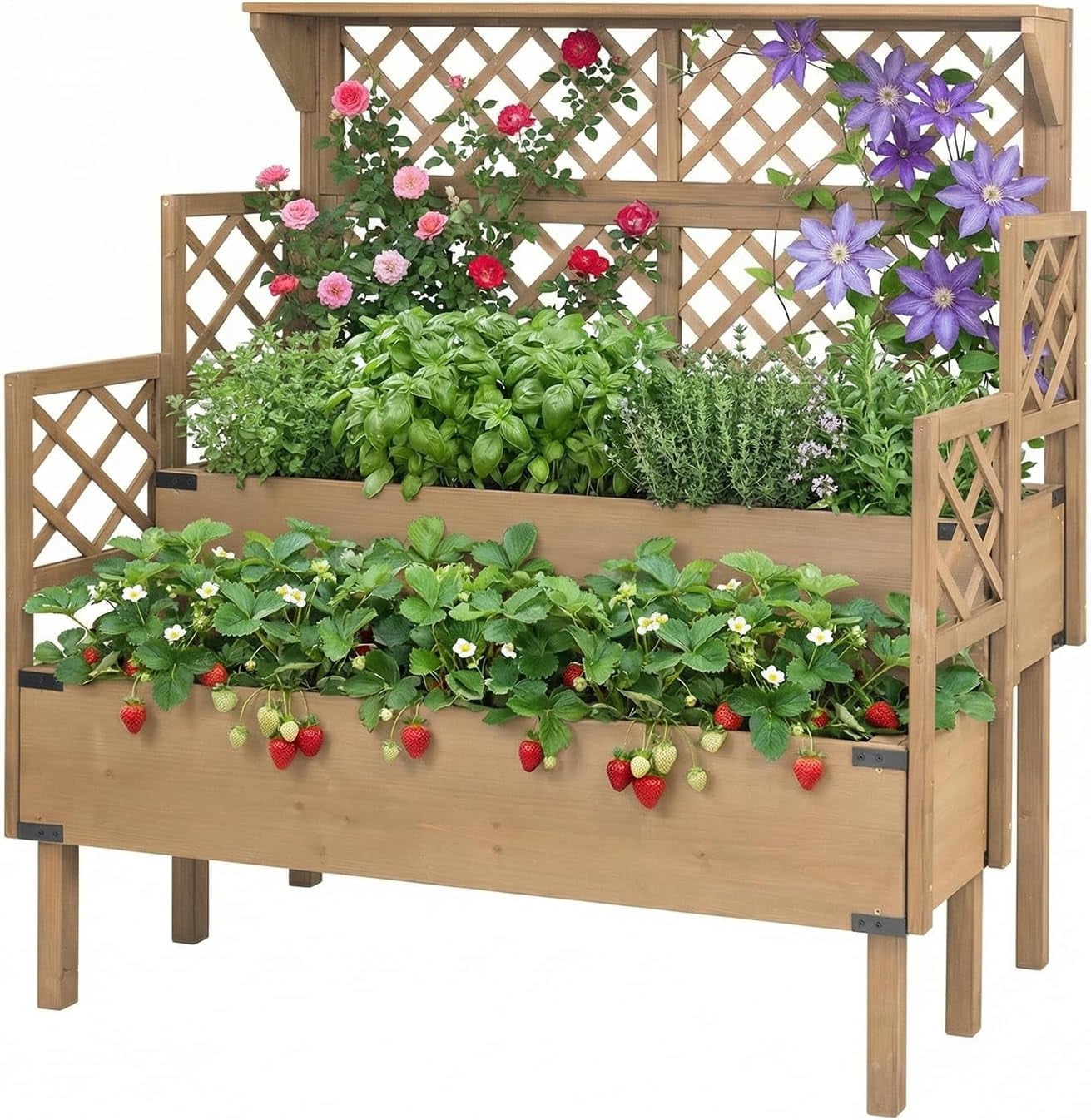 PETSCOSSET Raised Garden Bed with Trellis & Top Shelf, Outdoor Elevated Planter Box for  Plants, Vegetables, Herbs
