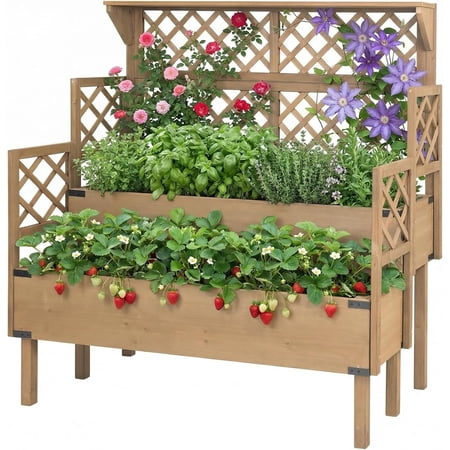 PETSCOSSET Raised Garden Bed with Trellis & Top Shelf, Outdoor Elevated Planter Box for Plants, Vegetables, Herbs