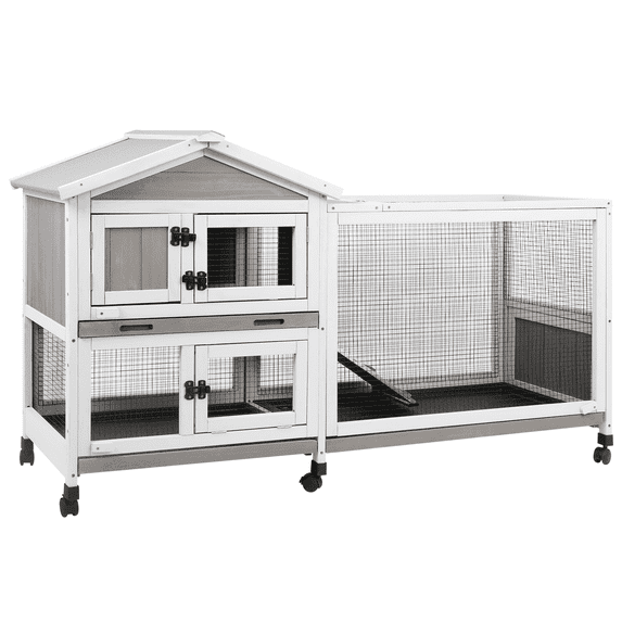PETSCOSSET Small Animal Hutch, Indoor Outdoor Safe &Durable All-Climate Rabbit Hutch, Fir Wood Cage with Wheels