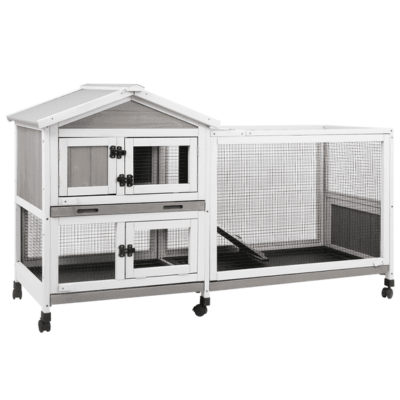 PETSCOSSET Small Animal Hutch, Indoor Outdoor Safe &Durable All-Climate Rabbit Hutch, Fir Wood Cage with Wheels