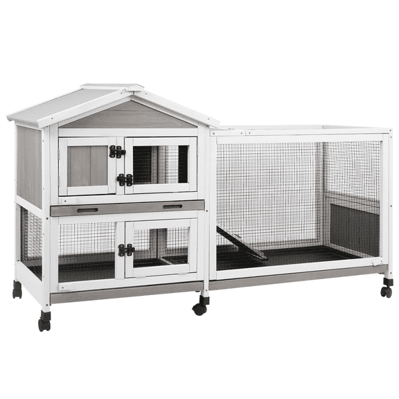 PETSCOSSET Small Animal Hutch, Indoor Outdoor Safe & Durable All-Climate Rabbit Hutch, Fir Wood Cage with Wheels