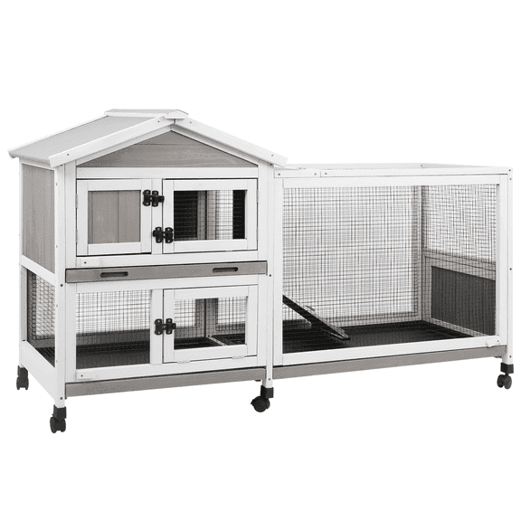 PETSCOSSET Small Animal Hutch, Indoor Outdoor Safe &Durable All-Climate Rabbit Hutch, Fir Wood Cage with Wheels