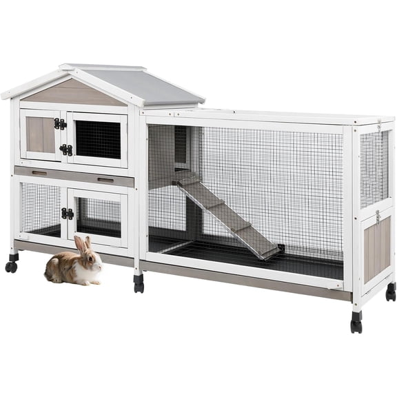PETSCOSSET 2-Story Wooden Rabbit Hutch on Wheels with 3 Pull-Out Trays, Gray