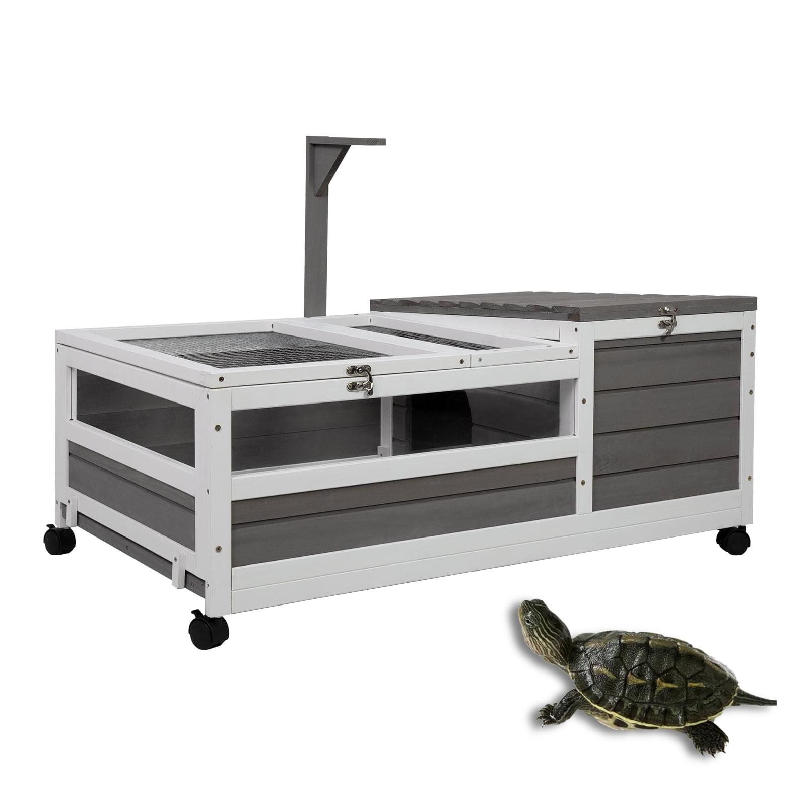 PetsCosset Large Wooden Tortoise House with Wheels, Indoor/Outdoor Reptile Cage, Leakproof Tray (39''L*23''W*14''H)