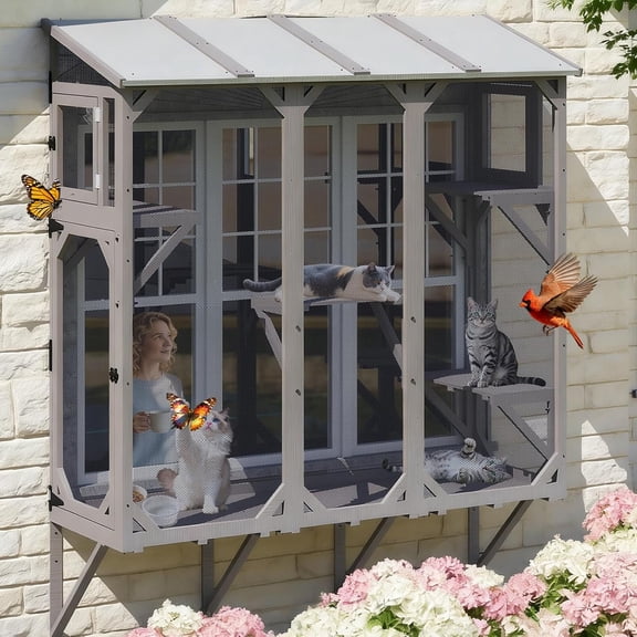 PETSCOSSET Window Catio Wooden Outdoor Cat House with 4 Jump Platforms & 3 Doors