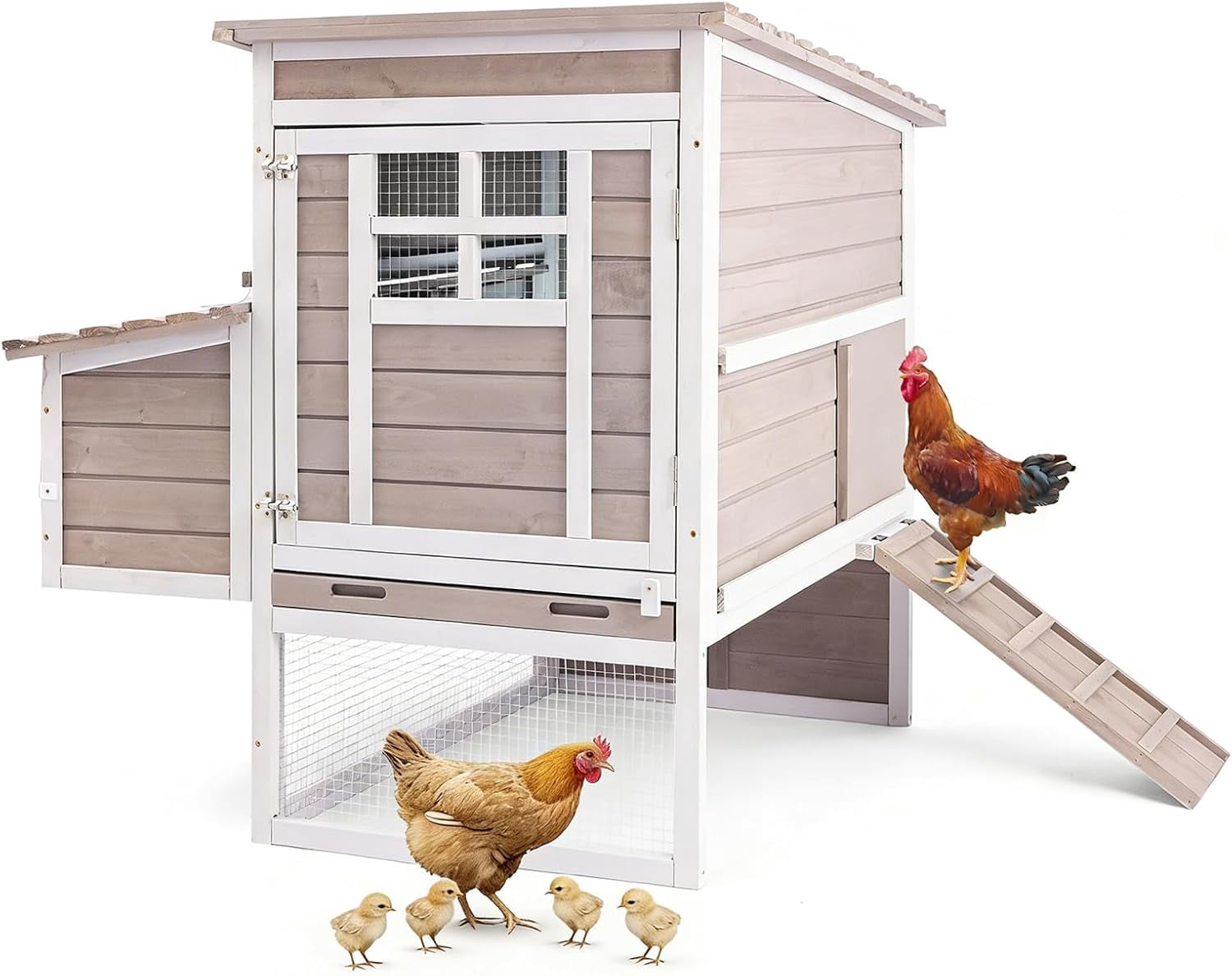 PETSCOSSET Wooden Chicken Coop, Elevated Hen House with 3-Compartment Nesting Box