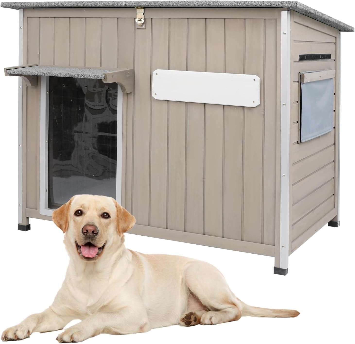 PETSCOSSET Outdoor Dog House Wooden Pet House - Openable Roof, Removable Floor - Gray