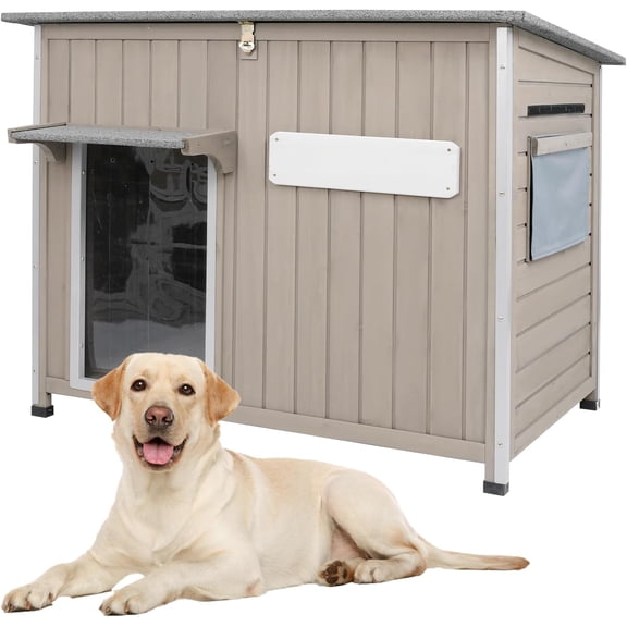 PETSCOSSET Outdoor Dog House with Openable Roof, Wooden Pet House with Removable Floor, Gray