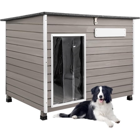 PETSCOSSET Wooden Dog House with Raised Feet, Dog Kennel with Anti-Chewing Iron Frames for Outdoor & Indoor, Gray