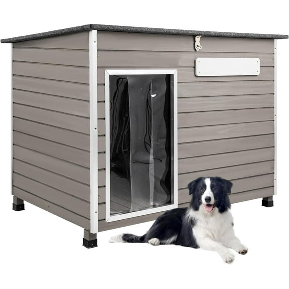 PETSCOSSET Wooden Dog House Outdoor Dog Kennel with Anti-Chewing Iron Frames for Large Sized Dogs, Gray