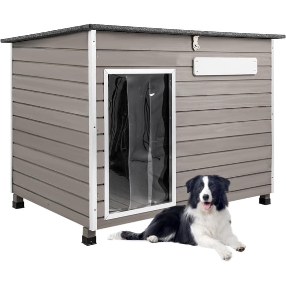 PETSCOSSET Wooden Dog House with Raised Feet, 43"L Dog Kennel with Openable Asphalt Roof for Outdoor, Gray