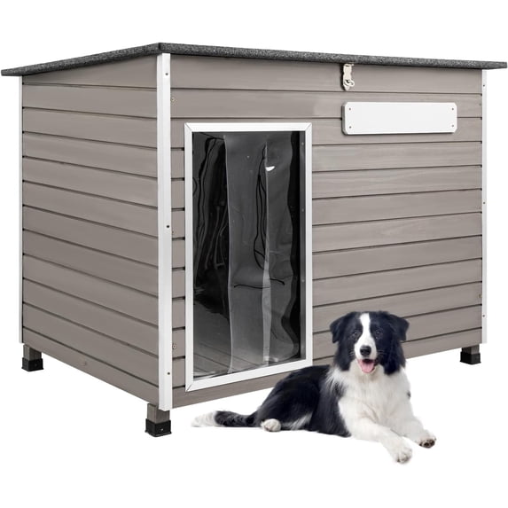 PETSCOSSET Wooden Dog House with Raised Feet, 43"L Dog Kennel with Openable Asphalt Roof for Outdoor, Gray