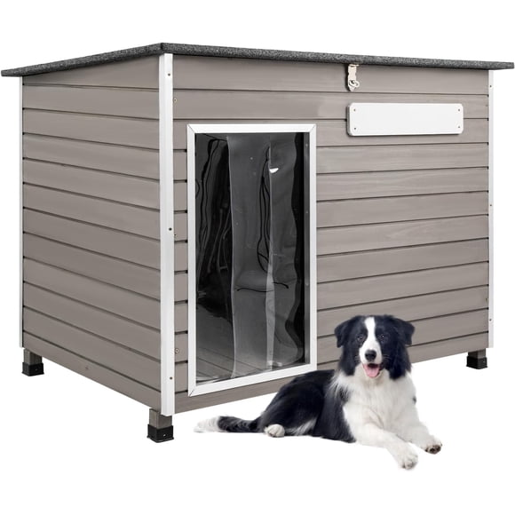 PETSCOSSET Wooden Dog House with Raised Feet, 43"L Dog Kennel with Openable Asphalt Roof for Outdoor, Gray