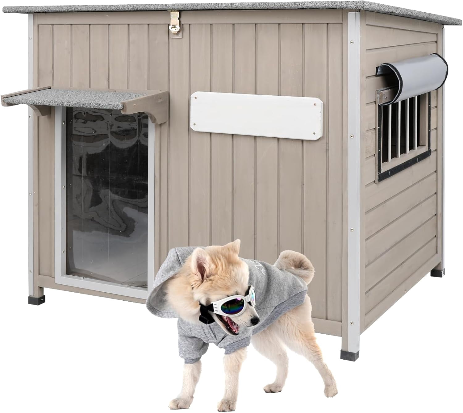 PETSCOSSET 43"L Wooden Dog House for Outdoor, Weatherproof Dog Shelter with Openable Asphalt Roof