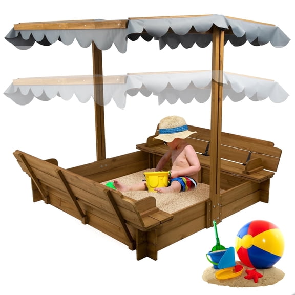 PETSCOSSET Wooden Sandbox with Foldable Bench Seats, Adjustable Canopy for Backyard, Bottomless Design Sandpit with Liner, 48 x 48 in