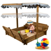 PETSCOSSET Wooden Sandbox with Foldable Bench Seats, Adjustable Canopy for Backyard, Bottomless Design Sandpit with Liner, 48 x 48 in
