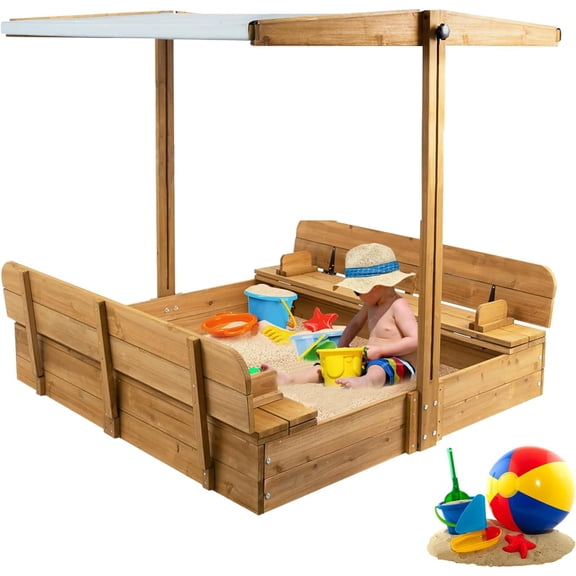 Wooden Sandbox with Adjustable UV-Resistant Canopy, Outdoor Sand Box with Foldable Bench Seats and Liner for Kids Ages 2-8, 47x47in