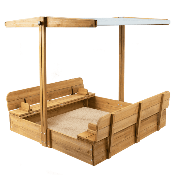 Wooden Sandbox with Lid, Kids Sandbox with Canopy, Foldable Bench Seats for Backyard, UV-Resistant & Adjustable Height Roof