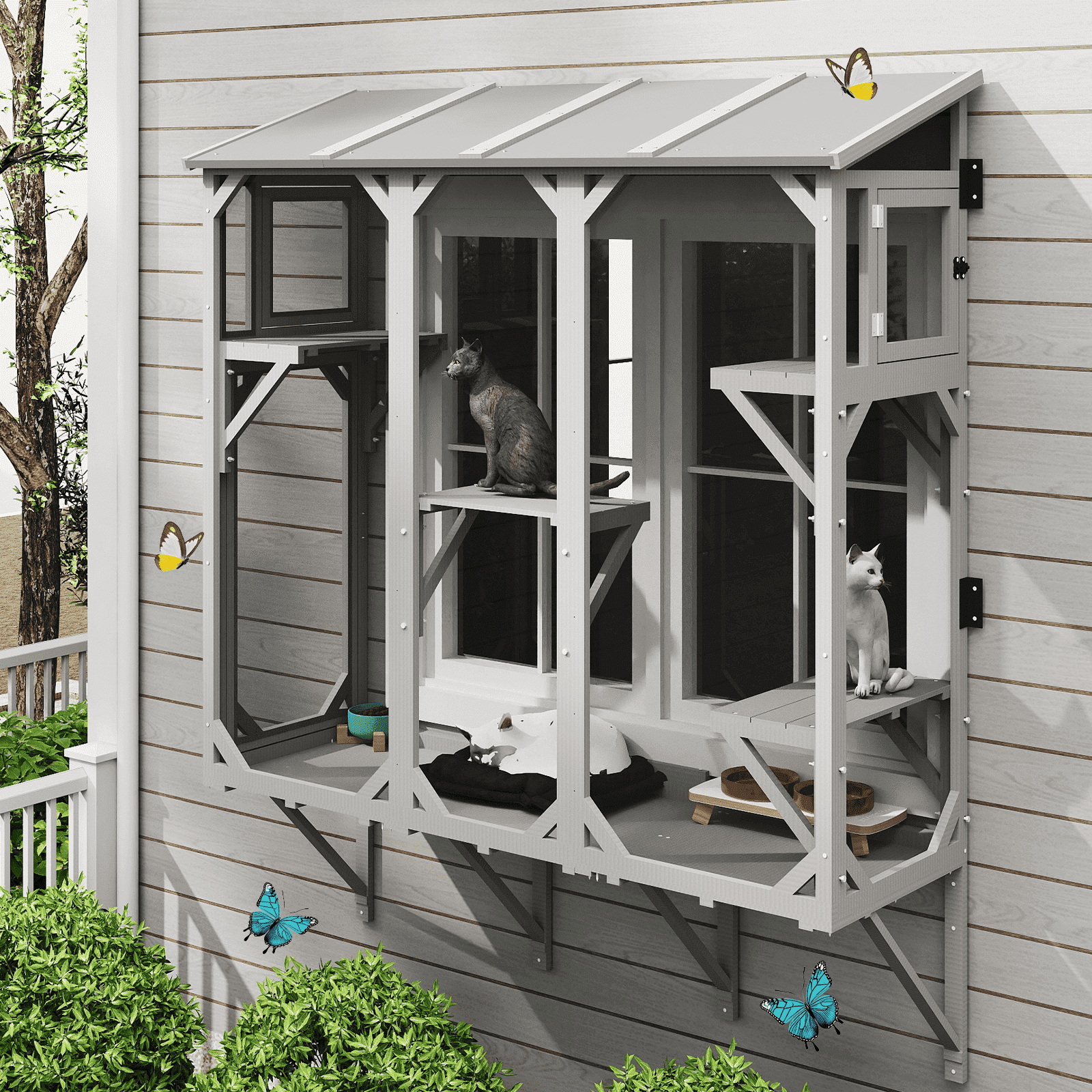 PETSCOSSET Cat Window Box ,Cat Enclosure for Multiple Indoor Cats, Comfortable Wooden Small Pet Perch House